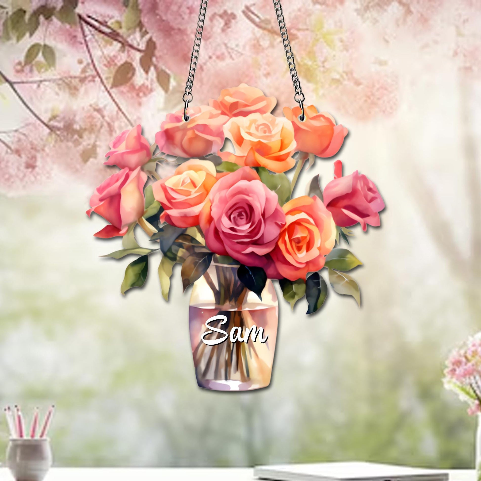 Personalized Rose Birth Flower Suncatcher, Custom Name Glass Vase Floral Window Hanging, Mom Birthday Gift, Acrylic Faux Glass - product image 2