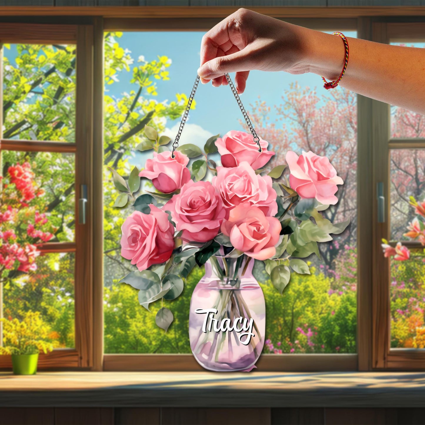 Personalized Rose Birth Flower Suncatcher, Custom Name Glass Vase Floral Window Hanging, Mom Birthday Gift, Acrylic Faux Glass - product image 3