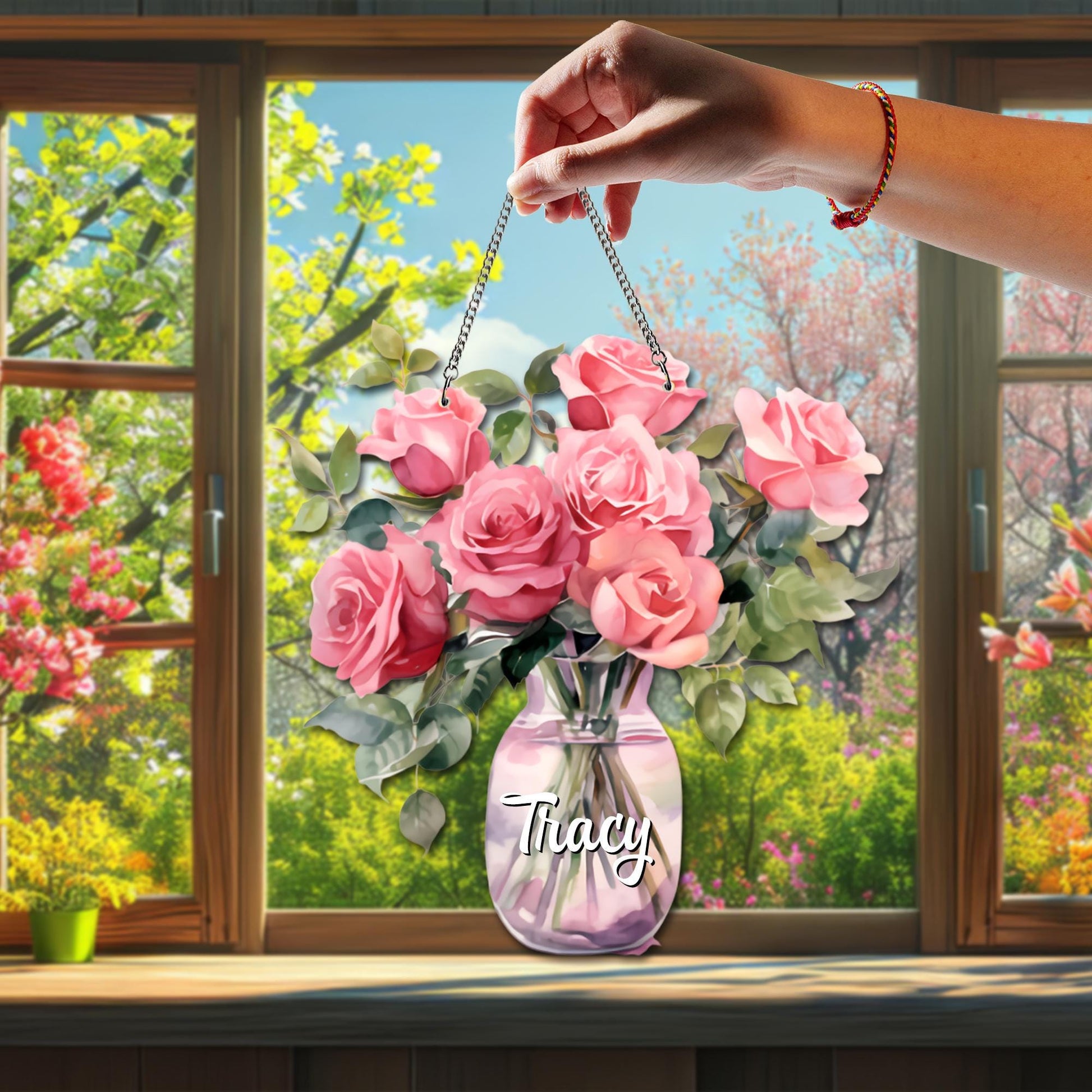 Personalized Rose Birth Flower Suncatcher, Custom Name Glass Vase Floral Window Hanging, Mom Birthday Gift, Acrylic Faux Glass - product image 3