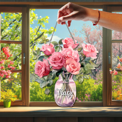 Personalized Rose Birth Flower Suncatcher, Custom Name Glass Vase Floral Window Hanging, Mom Birthday Gift, Acrylic Faux Glass - product image 3