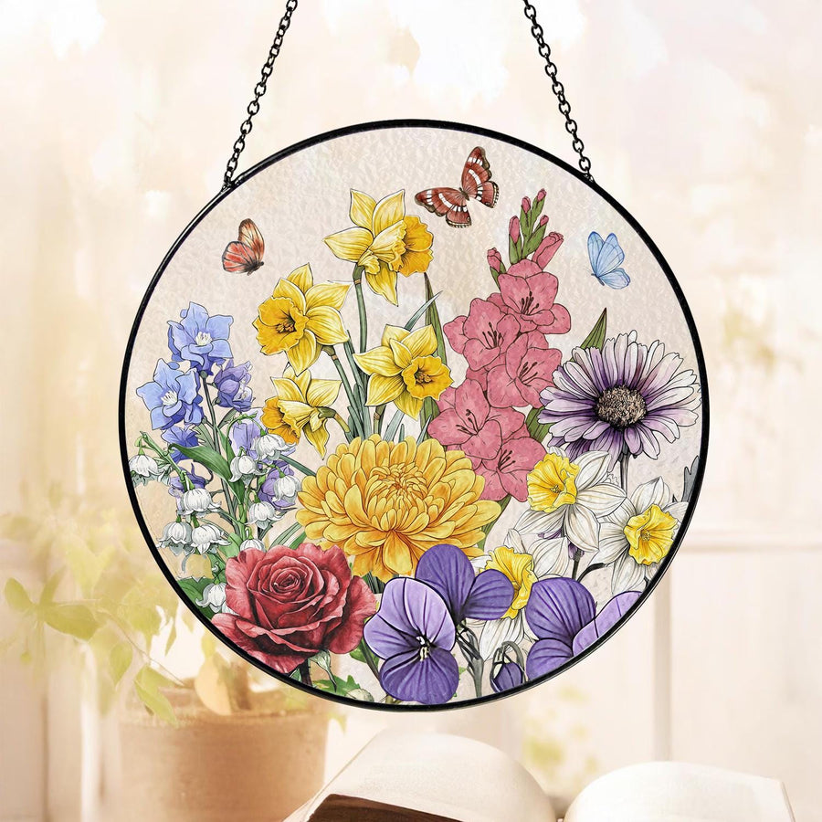 Custom Grandma's Garden Stained Glass, Personalized Love Grows Here Suncatcher, Birth Month Flowers With Names Gift, Mothers Day Gift - main product image