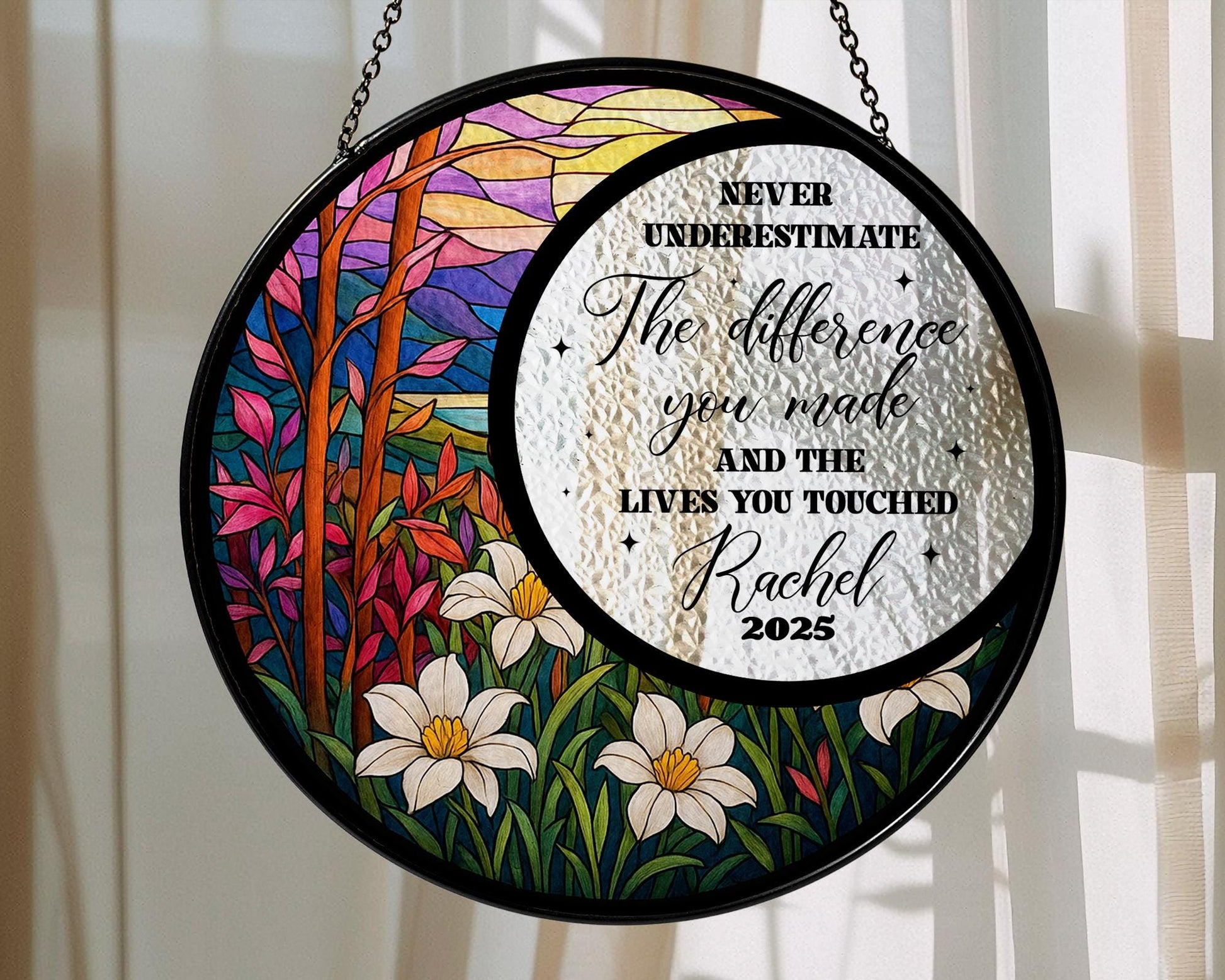Custom Name Year Inspirational Suncatcher Glass with Floral Nature Design, Personalized Appreciation Gift, Mothers Day Gift - main product image