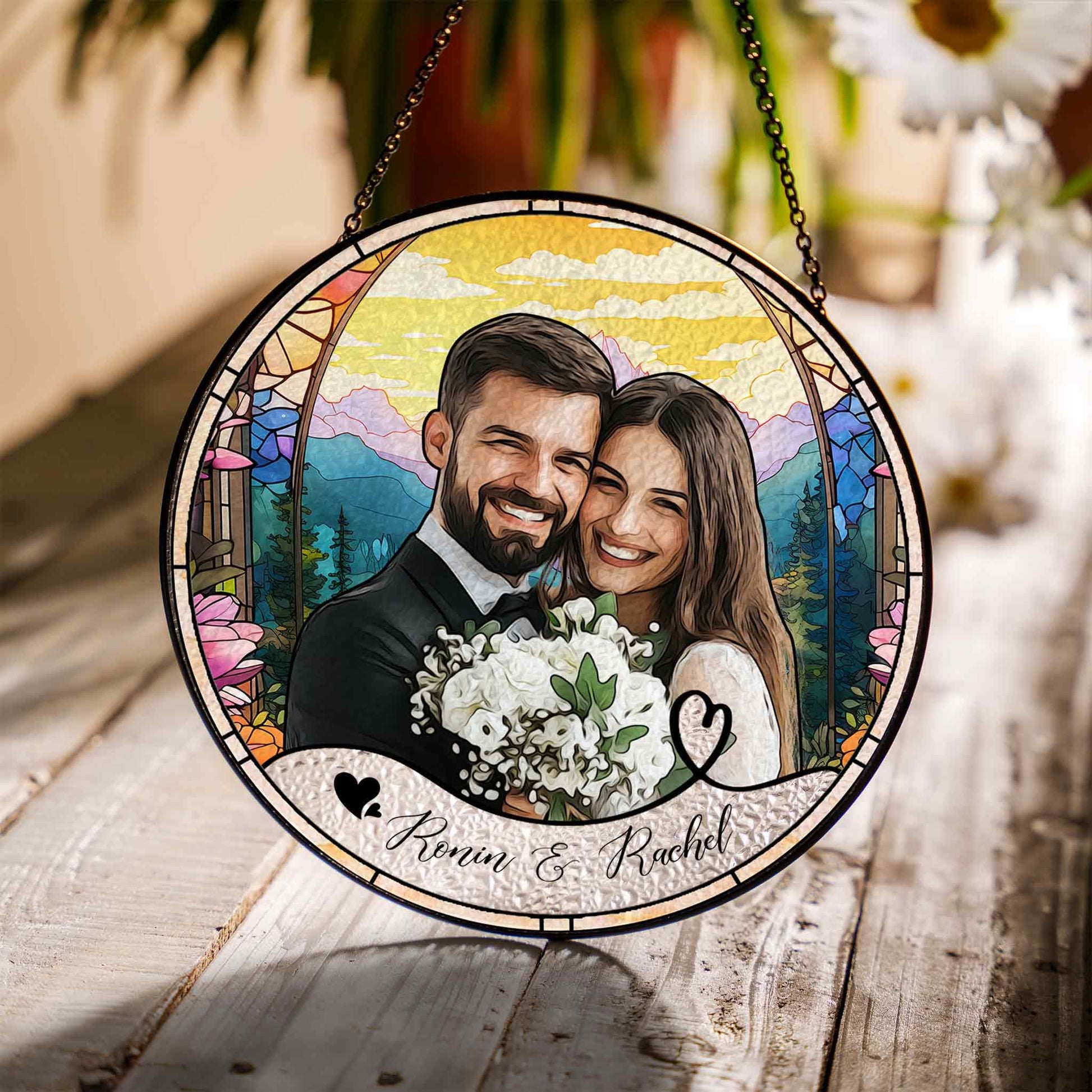 Custom Photo Name Wedding Suncatcher Glass, Personalized Couple Keepsake, Unique Anniversary Gift, Stained Glass Style Window Decor - product image 3