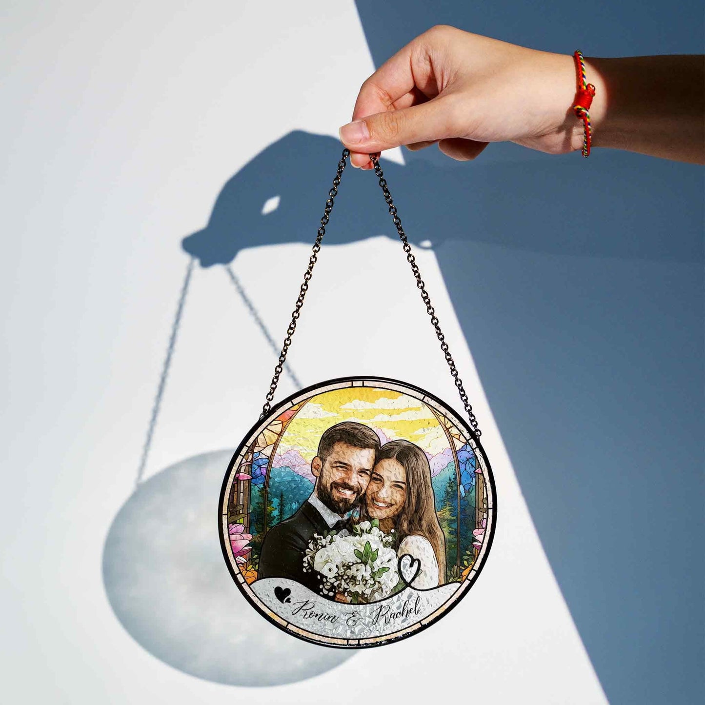 Custom Photo Name Wedding Suncatcher Glass, Personalized Couple Keepsake, Unique Anniversary Gift, Stained Glass Style Window Decor - product image 5