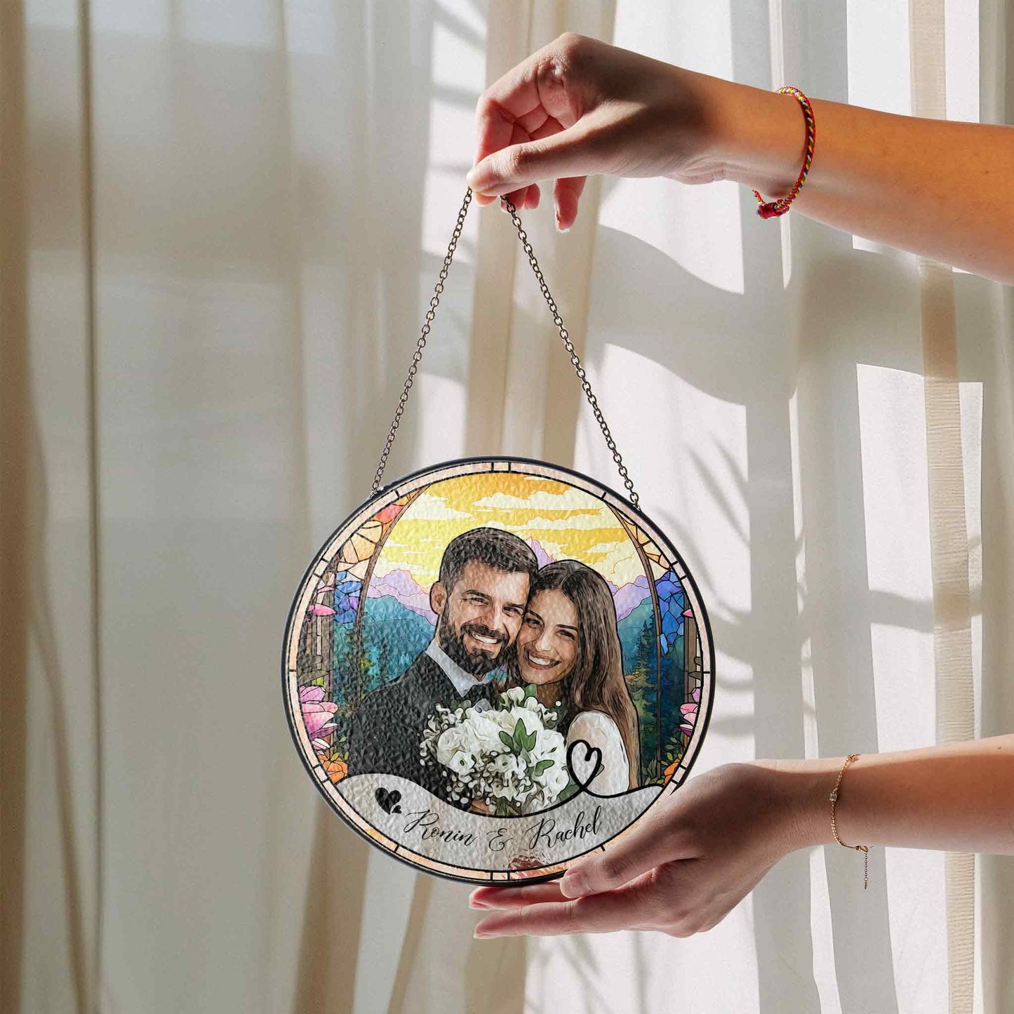 Custom Photo Name Wedding Suncatcher Glass, Personalized Couple Keepsake, Unique Anniversary Gift, Stained Glass Style Window Decor - product image 7