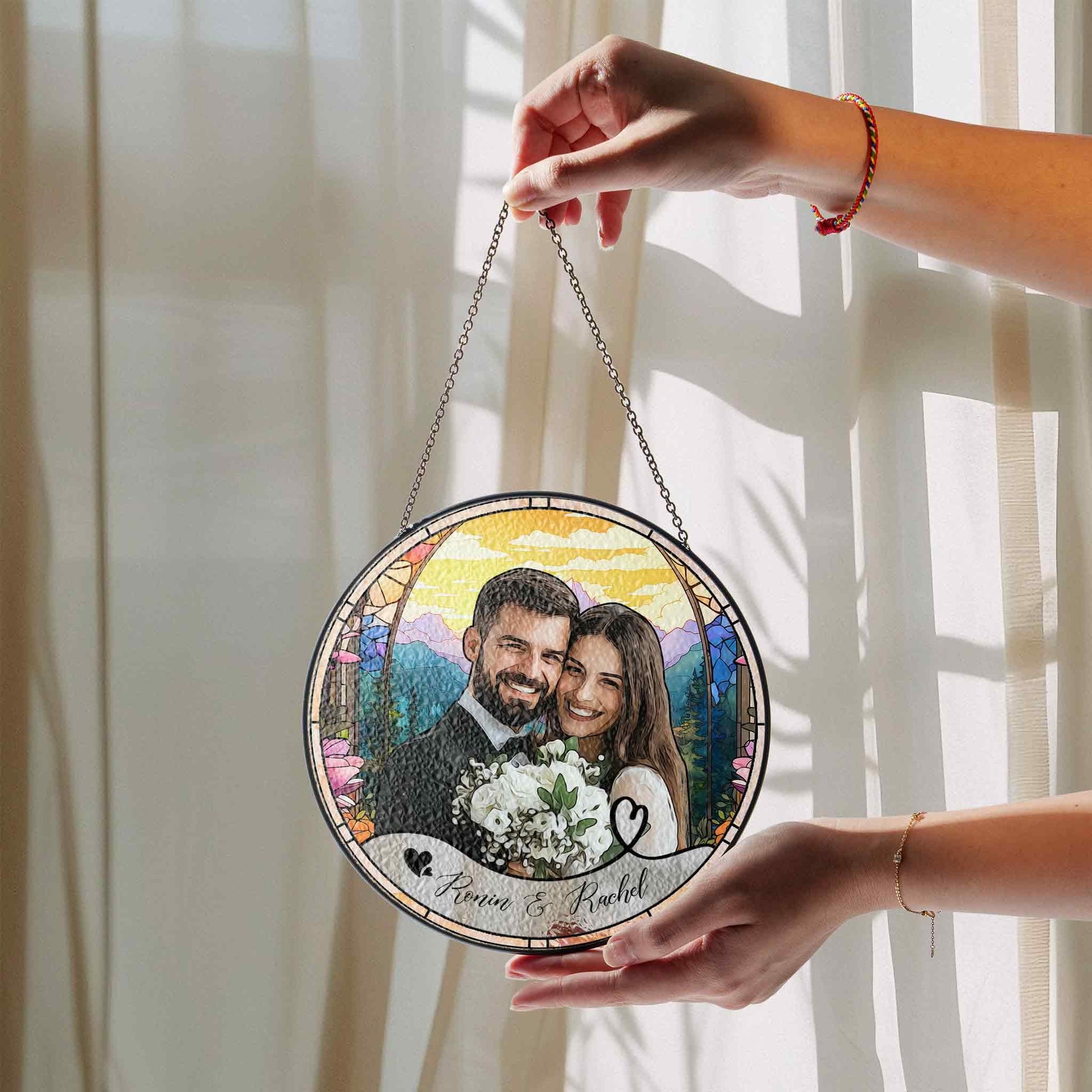 Custom Photo Name Wedding Suncatcher Glass, Personalized Couple Keepsake, Unique Anniversary Gift, Stained Glass Style Window Decor - product image 7