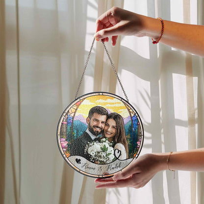 Custom Photo Name Wedding Suncatcher Glass, Personalized Couple Keepsake, Unique Anniversary Gift, Stained Glass Style Window Decor - product image 7