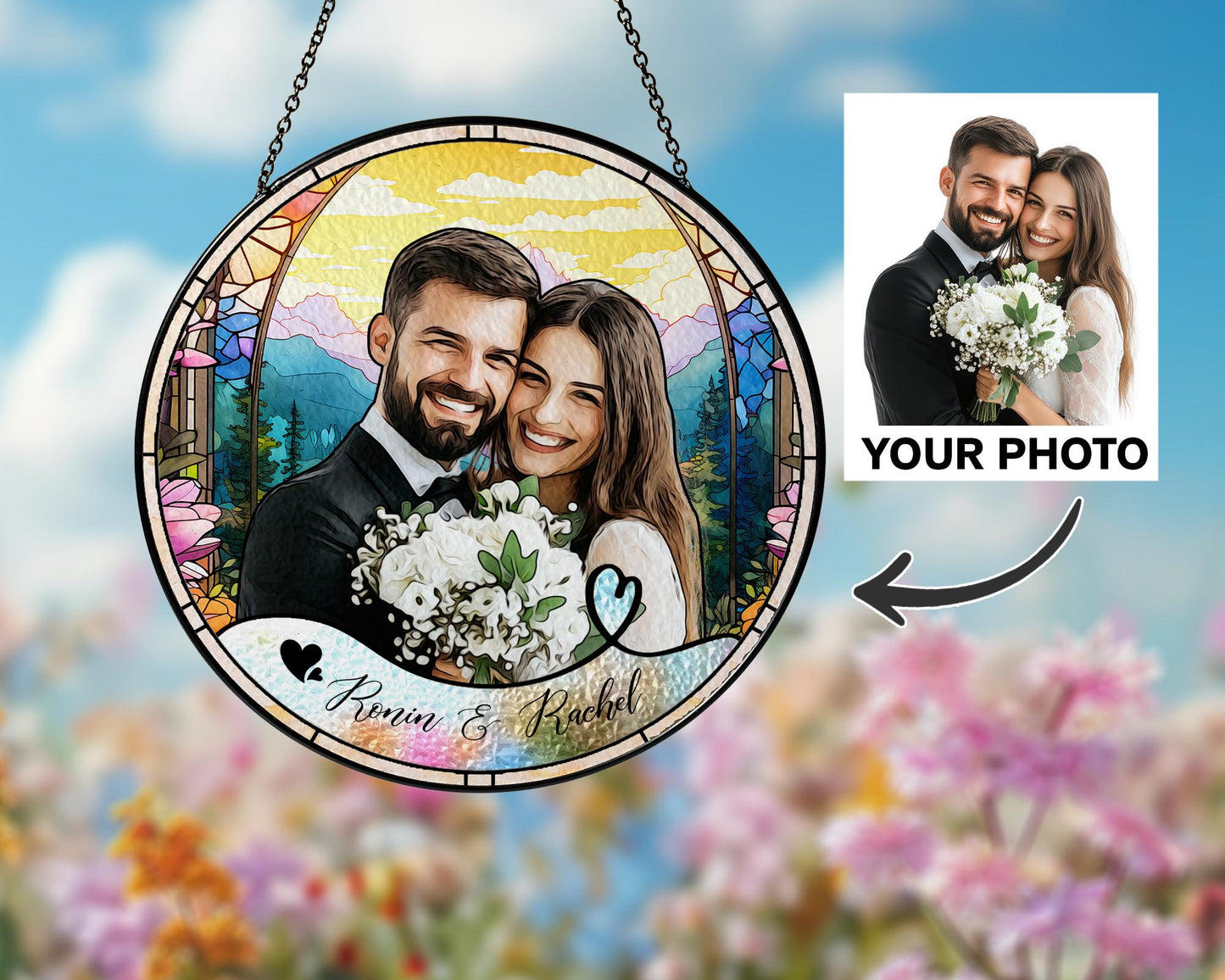 Custom Photo Name Wedding Suncatcher Glass, Personalized Couple Keepsake, Unique Anniversary Gift, Stained Glass Style Window Decor - main product image