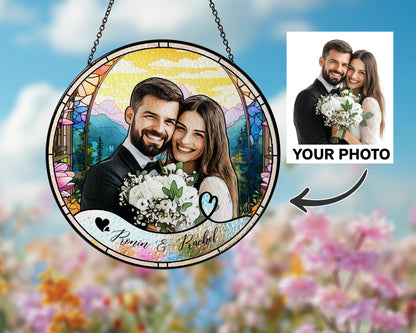 Custom Photo Name Wedding Suncatcher Glass, Personalized Couple Keepsake, Unique Anniversary Gift, Stained Glass Style Window Decor - main product image