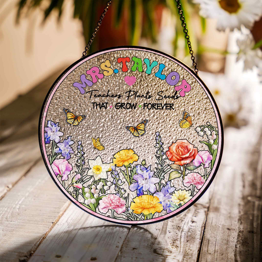 Custom Name Teacher Suncatcher Glass with Floral & Butterfly Design, Personalized Appreciation Gift, Classroom Window Decor - main product image