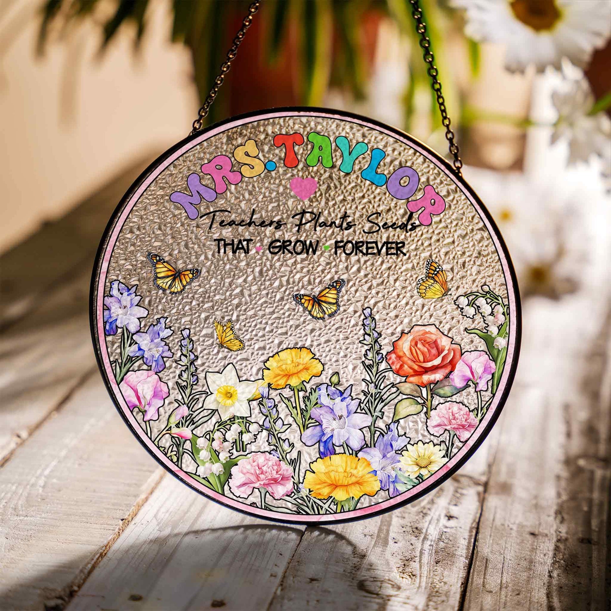 Custom Name Teacher Suncatcher Glass with Floral & Butterfly Design, Personalized Appreciation Gift, Classroom Window Decor - main product image
