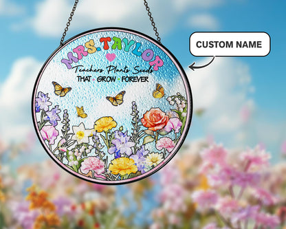 Custom Name Teacher Suncatcher Glass with Floral & Butterfly Design, Personalized Appreciation Gift, Classroom Window Decor - product image 2