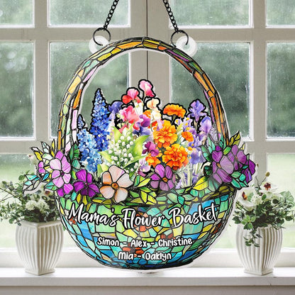 Grandma's Flower Basket Suncatcher, Custom Family Birth Month Flower Decor, Personalized Gift for Mom, Faux Glass Floral Art - product image 2