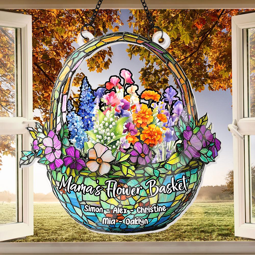 Grandma's Flower Basket Suncatcher, Custom Family Birth Month Flower Decor, Personalized Gift for Mom, Faux Glass Floral Art - product image 7