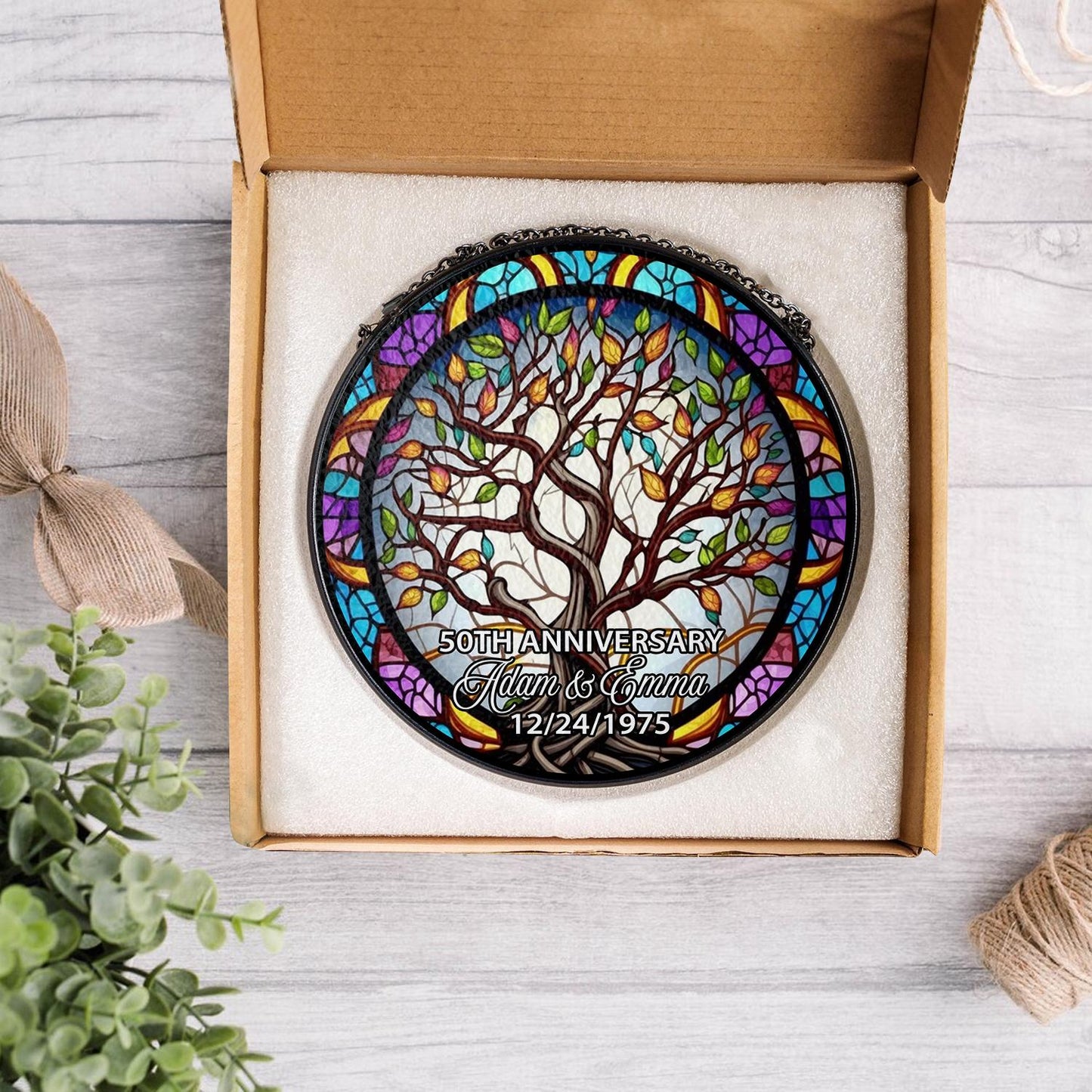 Custom Anniversary Suncatcher Glass with Tree of Life Design, Personalized Names and Date, Unique 50th Wedding Gift, Stained Glass Window - product image 5