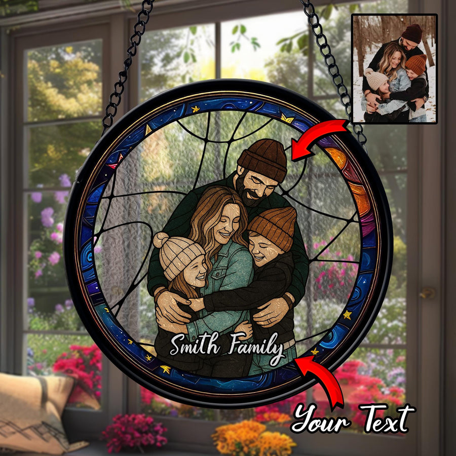 Custom Family Photo Name Suncatcher Glass, Personalized Portrait Window Decor, Unique Gift for Parents or Home, Customized Text Keepsake - main product image