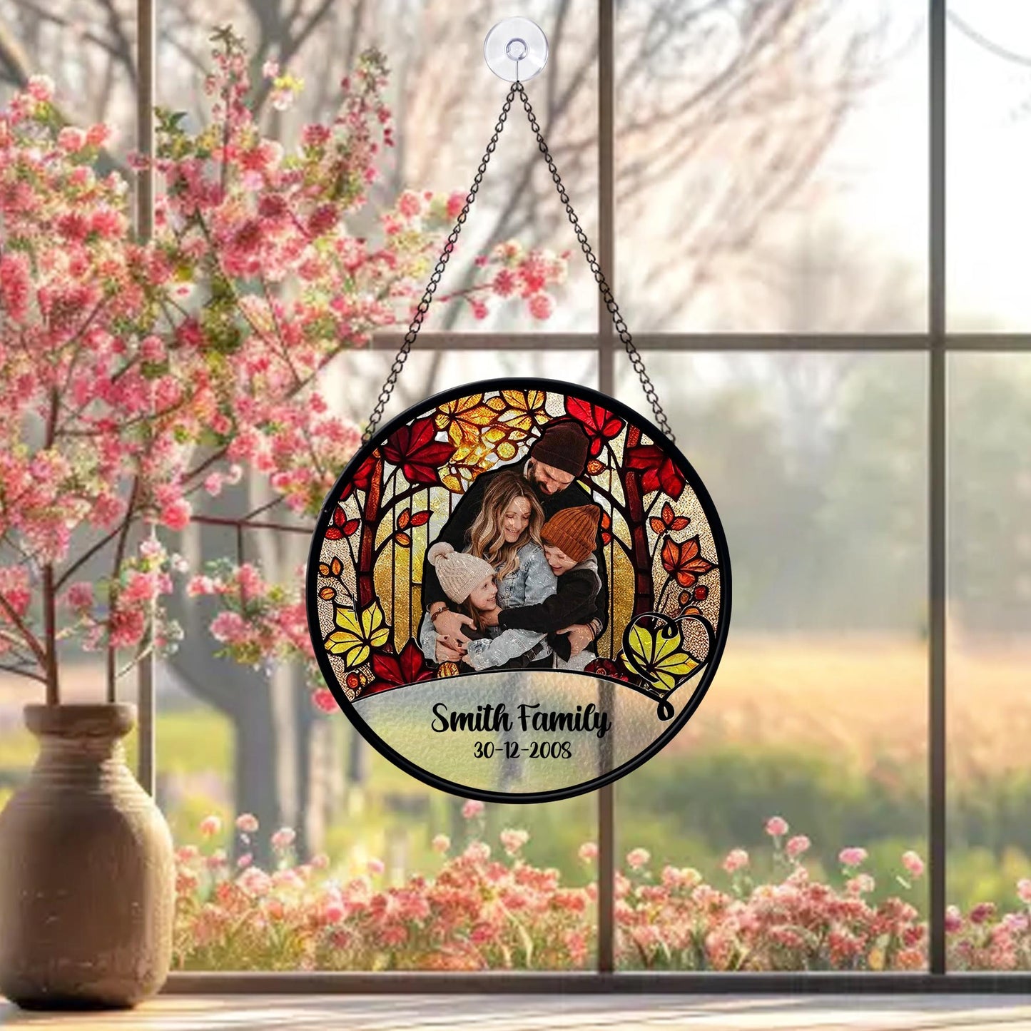 Personalized Family Photo Stained Glass Sun Catcher Custom Name Date Keepsake Portrait Ornament Window Hanging Gift for Home Decor - product image 5