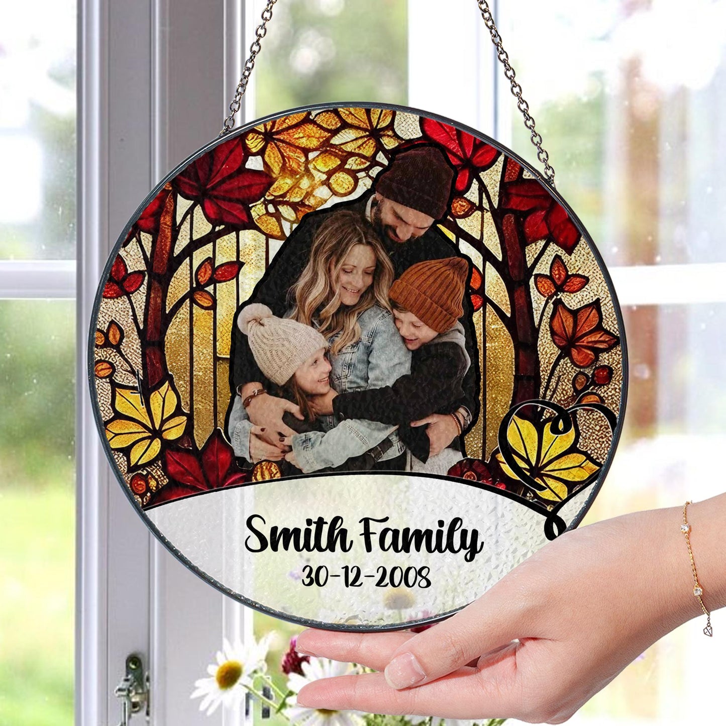 Personalized Family Photo Stained Glass Sun Catcher Custom Name Date Keepsake Portrait Ornament Window Hanging Gift for Home Decor - main product image