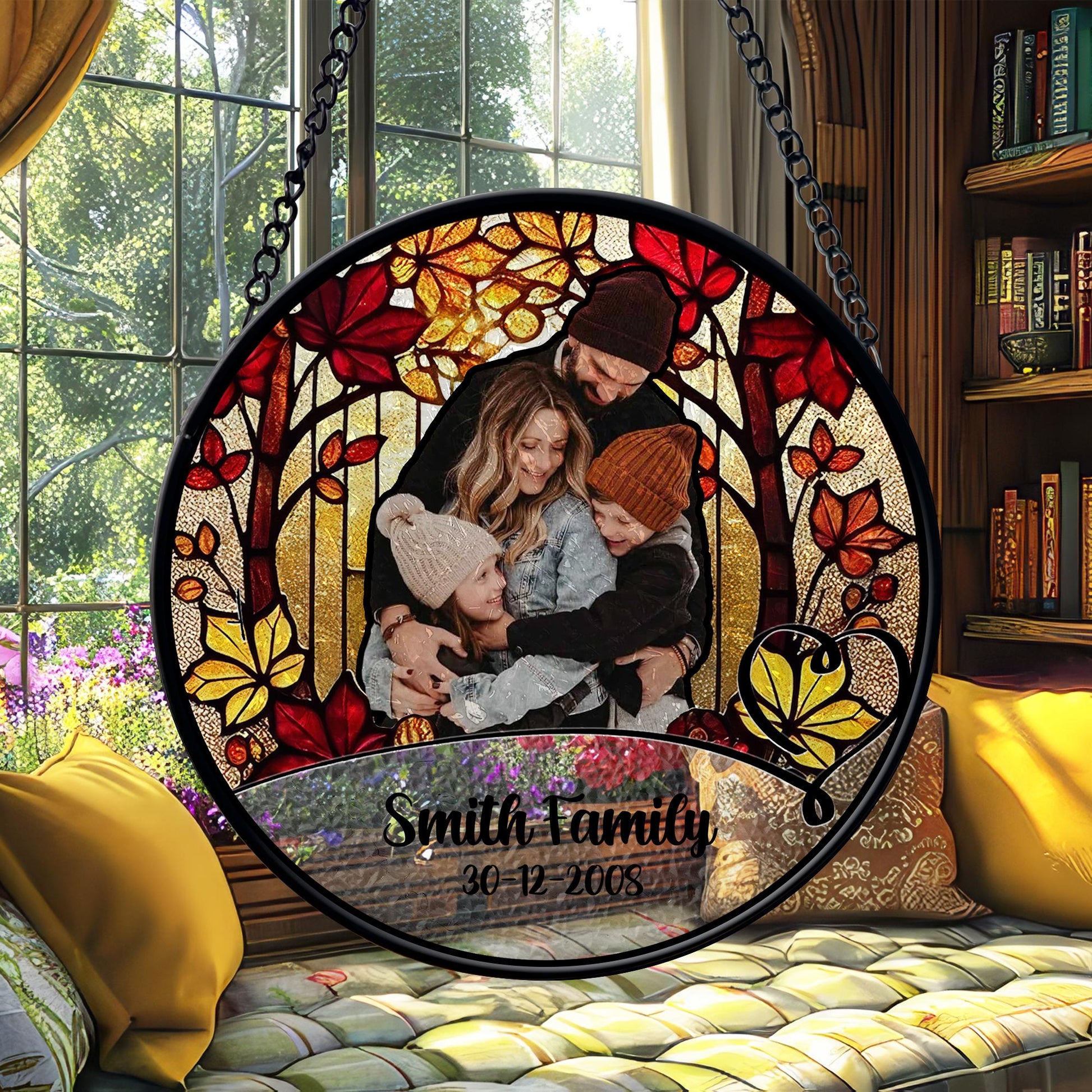 Personalized Family Photo Stained Glass Sun Catcher Custom Name Date Keepsake Portrait Ornament Window Hanging Gift for Home Decor - product image 2