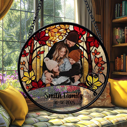Personalized Family Photo Stained Glass Sun Catcher Custom Name Date Keepsake Portrait Ornament Window Hanging Gift for Home Decor - product image 2