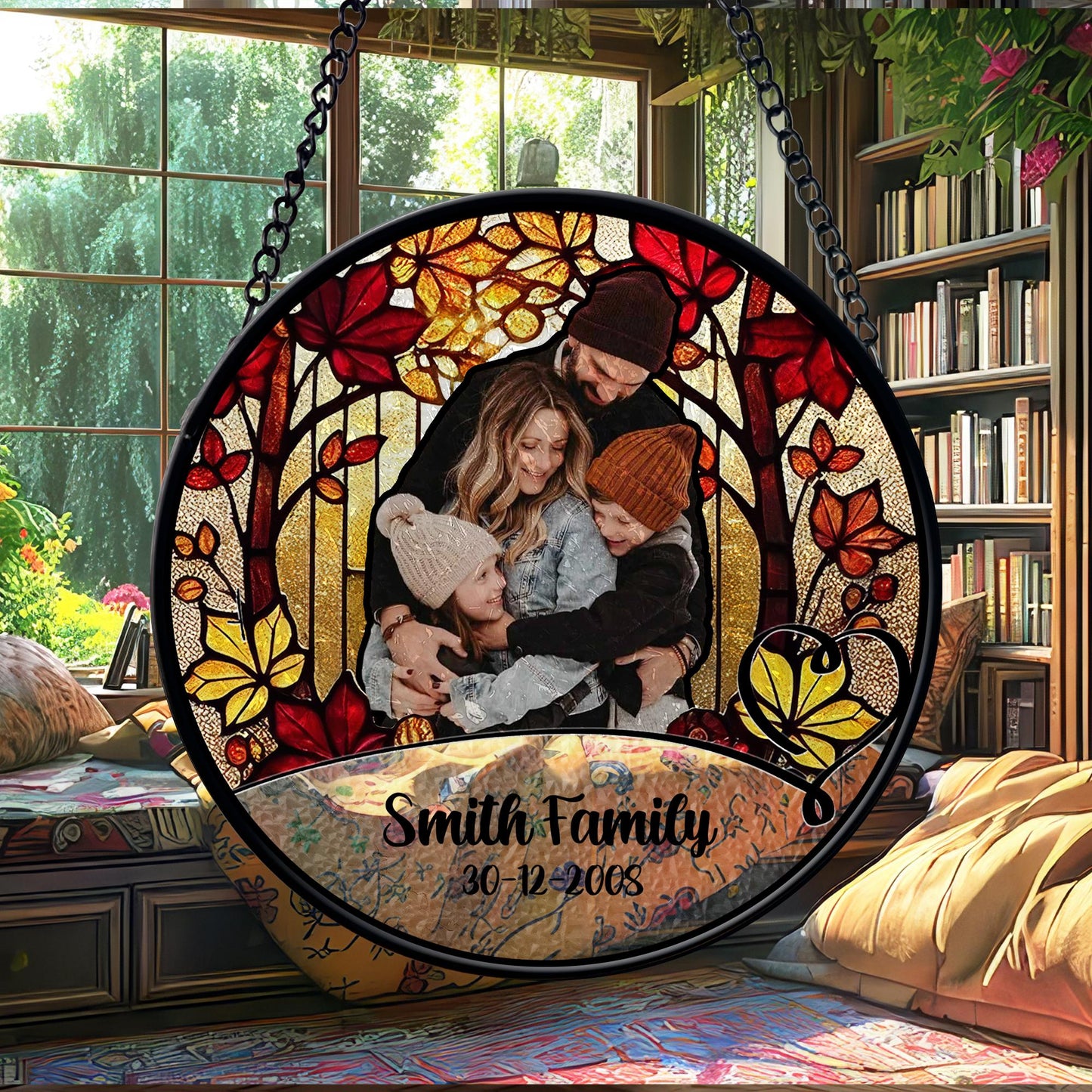 Personalized Family Photo Stained Glass Sun Catcher Custom Name Date Keepsake Portrait Ornament Window Hanging Gift for Home Decor - product image 9