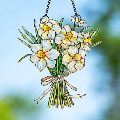 Custom Birth Month Flower Bouquet Suncatcher, Faux Stained Glass Tied Floral Decor, Mother's Day Keepsake, Personalized Spring Art - main product image