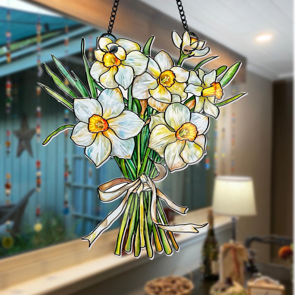 Custom Birth Month Flower Bouquet Suncatcher, Faux Stained Glass Tied Floral Decor, Mother's Day Keepsake, Personalized Spring Art - product image 5