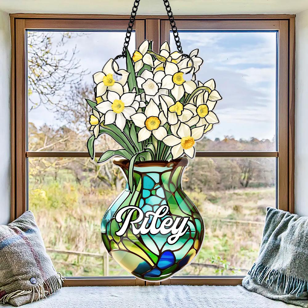 Custom Birth Month Flower Vase Suncatcher, Personalized Name Floral Window Decor, Faux Stained Glass Daffodil, Birthday Gift for Her - product image 6
