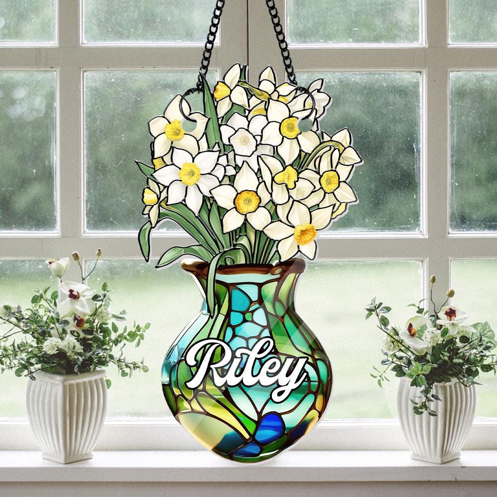 Custom Birth Month Flower Vase Suncatcher, Personalized Name Floral Window Decor, Faux Stained Glass Daffodil, Birthday Gift for Her - product image 3