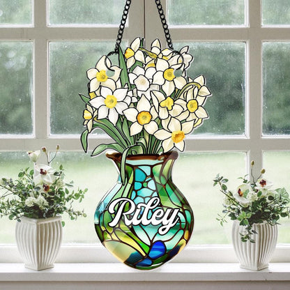 Custom Birth Month Flower Vase Suncatcher, Personalized Name Floral Window Decor, Faux Stained Glass Daffodil, Birthday Gift for Her - product image 3
