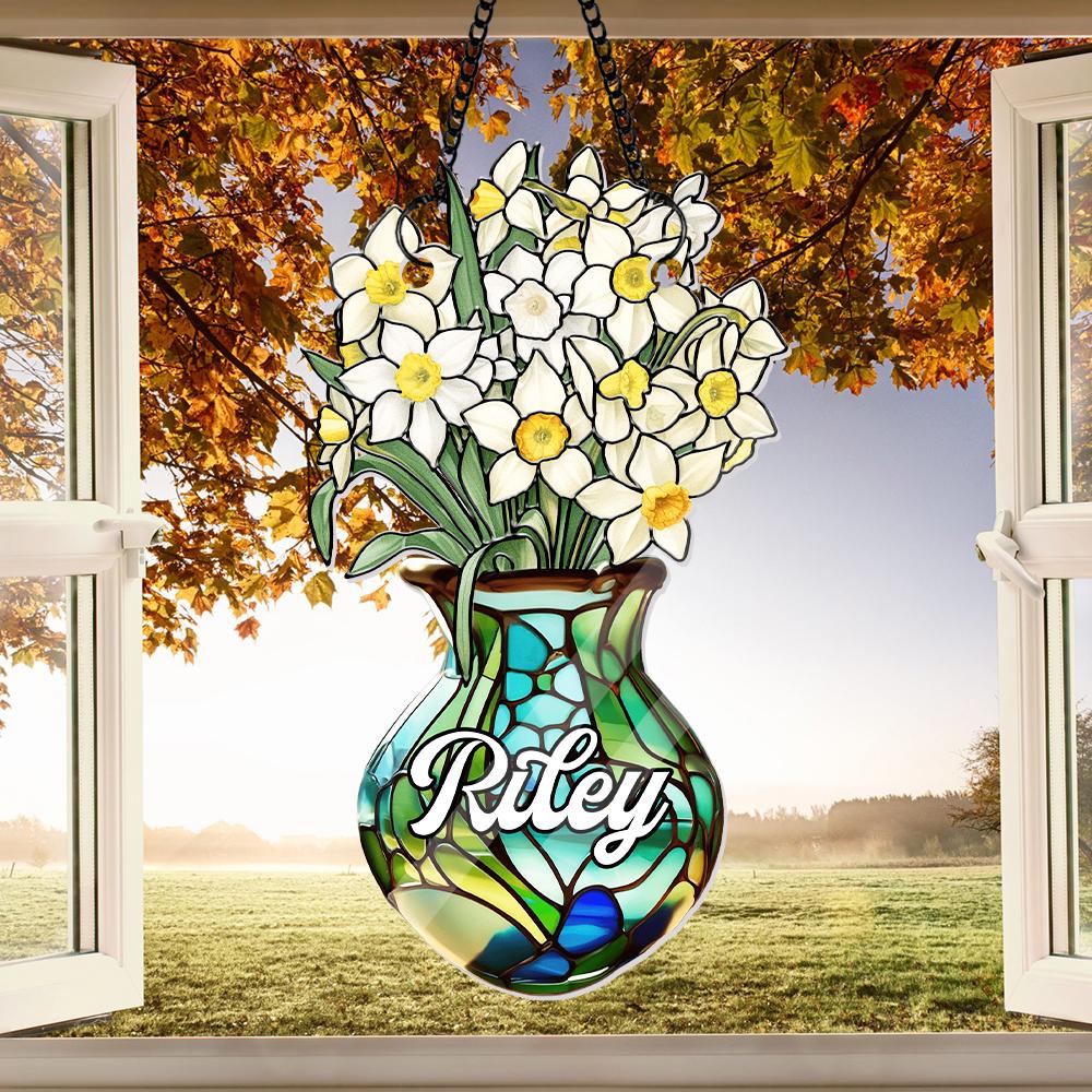 Custom Birth Month Flower Vase Suncatcher, Personalized Name Floral Window Decor, Faux Stained Glass Daffodil, Birthday Gift for Her - product image 7