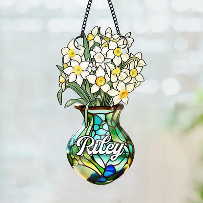 Custom Birth Month Flower Vase Suncatcher, Personalized Name Floral Window Decor, Faux Stained Glass Daffodil, Birthday Gift for Her - product image 2