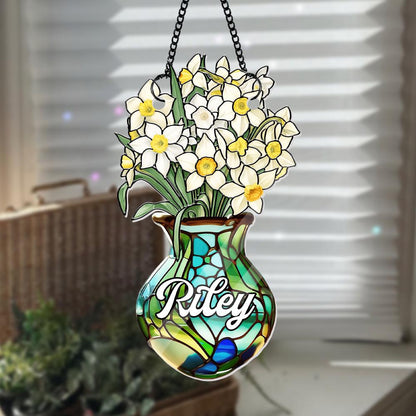 Custom Birth Month Flower Vase Suncatcher, Personalized Name Floral Window Decor, Faux Stained Glass Daffodil, Birthday Gift for Her - main product image