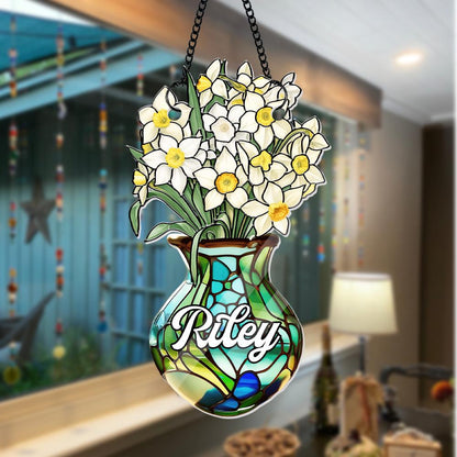 Custom Birth Month Flower Vase Suncatcher, Personalized Name Floral Window Decor, Faux Stained Glass Daffodil, Birthday Gift for Her - product image 9