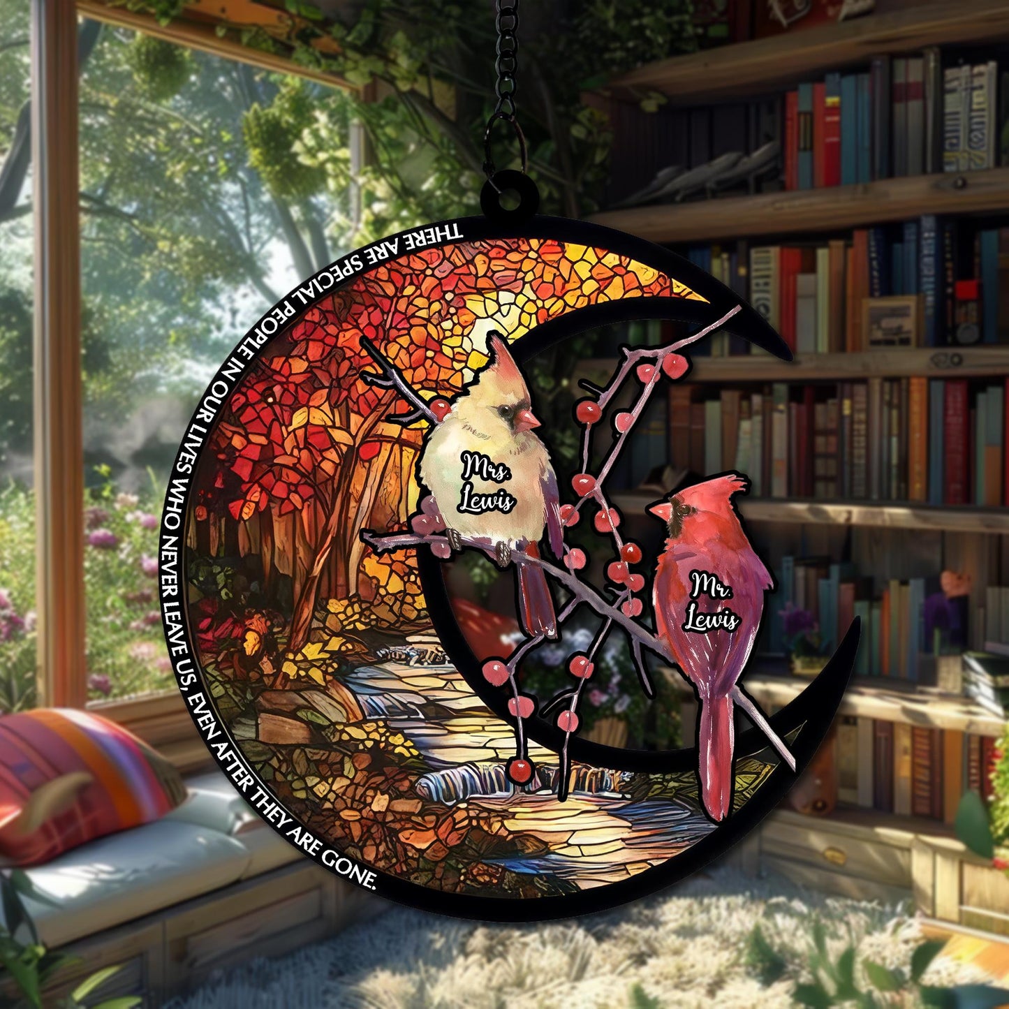 Personalized Cardinal Couple Suncatcher, Stained Glass Effect Acrylic Ornament, Custom Bird Lovers Gift, Red Cardinal Window Decoration - product image 2