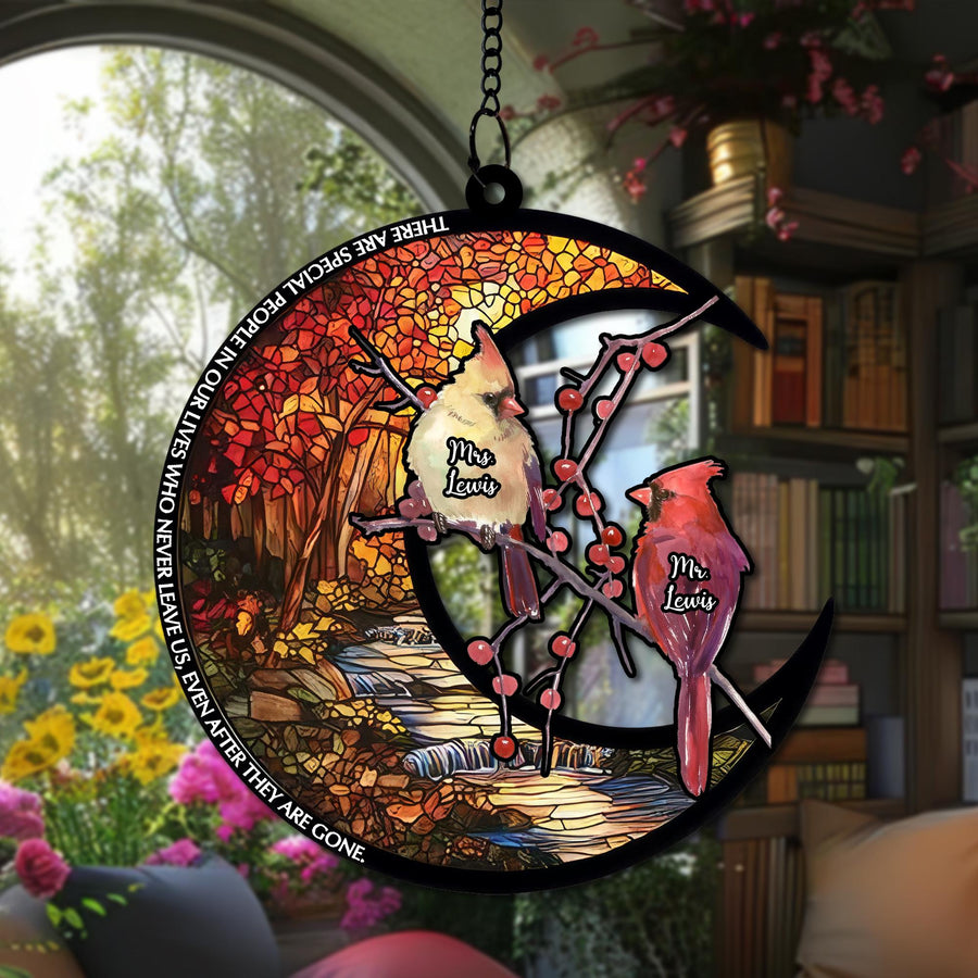 Personalized Cardinal Couple Suncatcher, Stained Glass Effect Acrylic Ornament, Custom Bird Lovers Gift, Red Cardinal Window Decoration - main product image