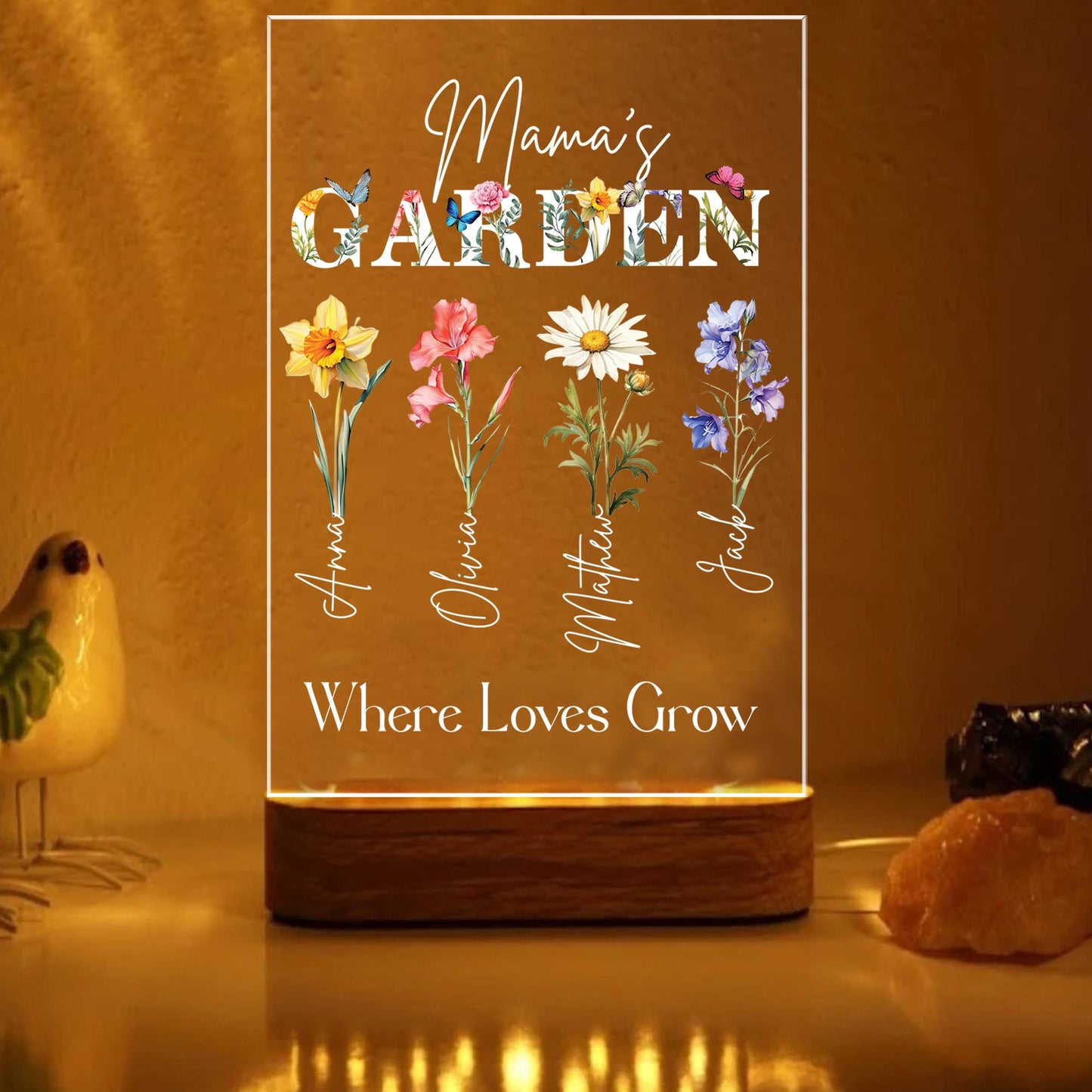 Mamas Garden Birth Flower Night Light, Custom Name Floral Acrylic Plaque, Personalized Mothers Day LED Lamp, Mom Gift - product image 2
