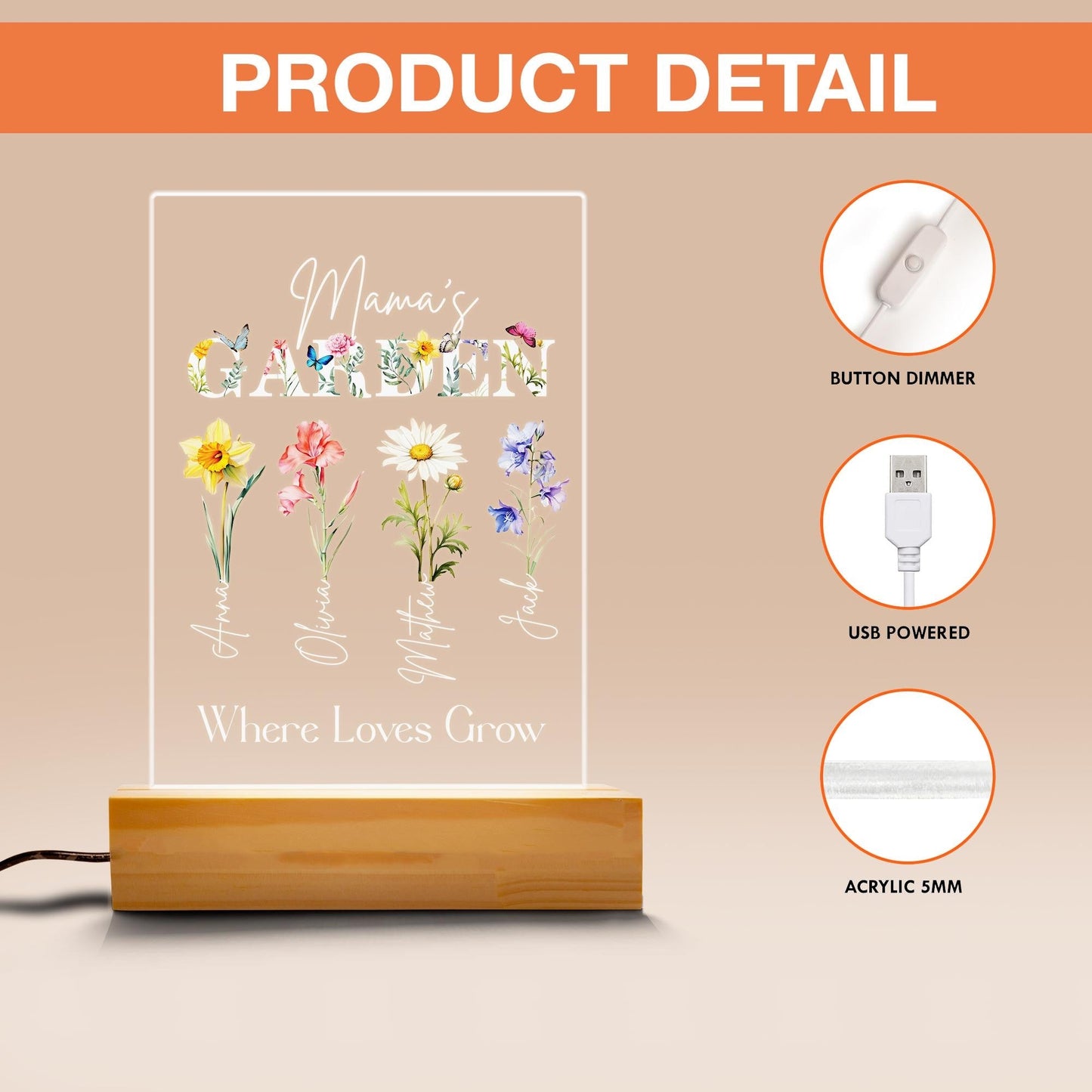 Mamas Garden Birth Flower Night Light, Custom Name Floral Acrylic Plaque, Personalized Mothers Day LED Lamp, Mom Gift - product image 6