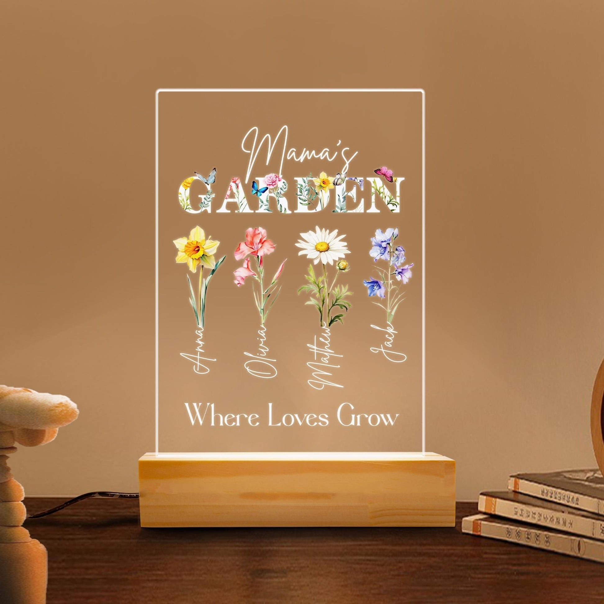 Mamas Garden Birth Flower Night Light, Custom Name Floral Acrylic Plaque, Personalized Mothers Day LED Lamp, Mom Gift - main product image