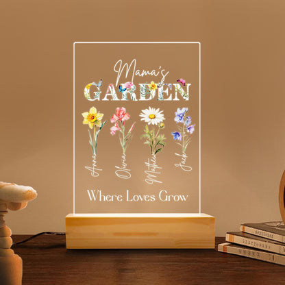 Mamas Garden Birth Flower Night Light, Custom Name Floral Acrylic Plaque, Personalized Mothers Day LED Lamp, Mom Gift - main product image