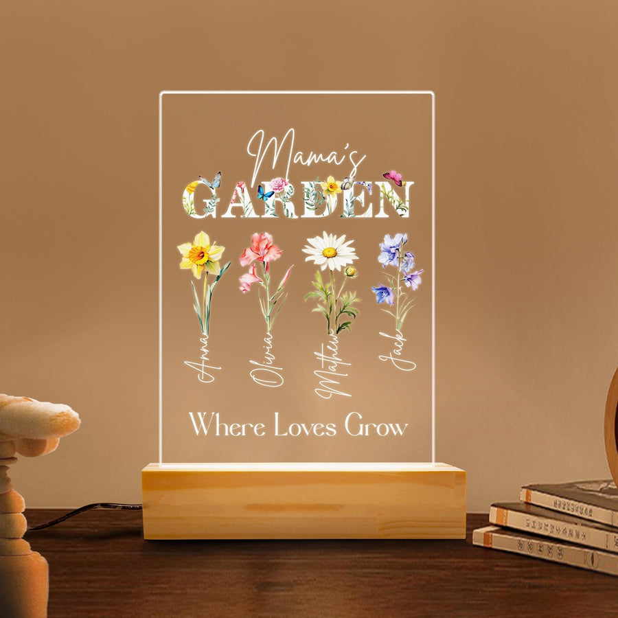 Mamas Garden Birth Flower Night Light, Custom Name Floral Acrylic Plaque, Personalized Mothers Day LED Lamp, Mom Gift - main product image