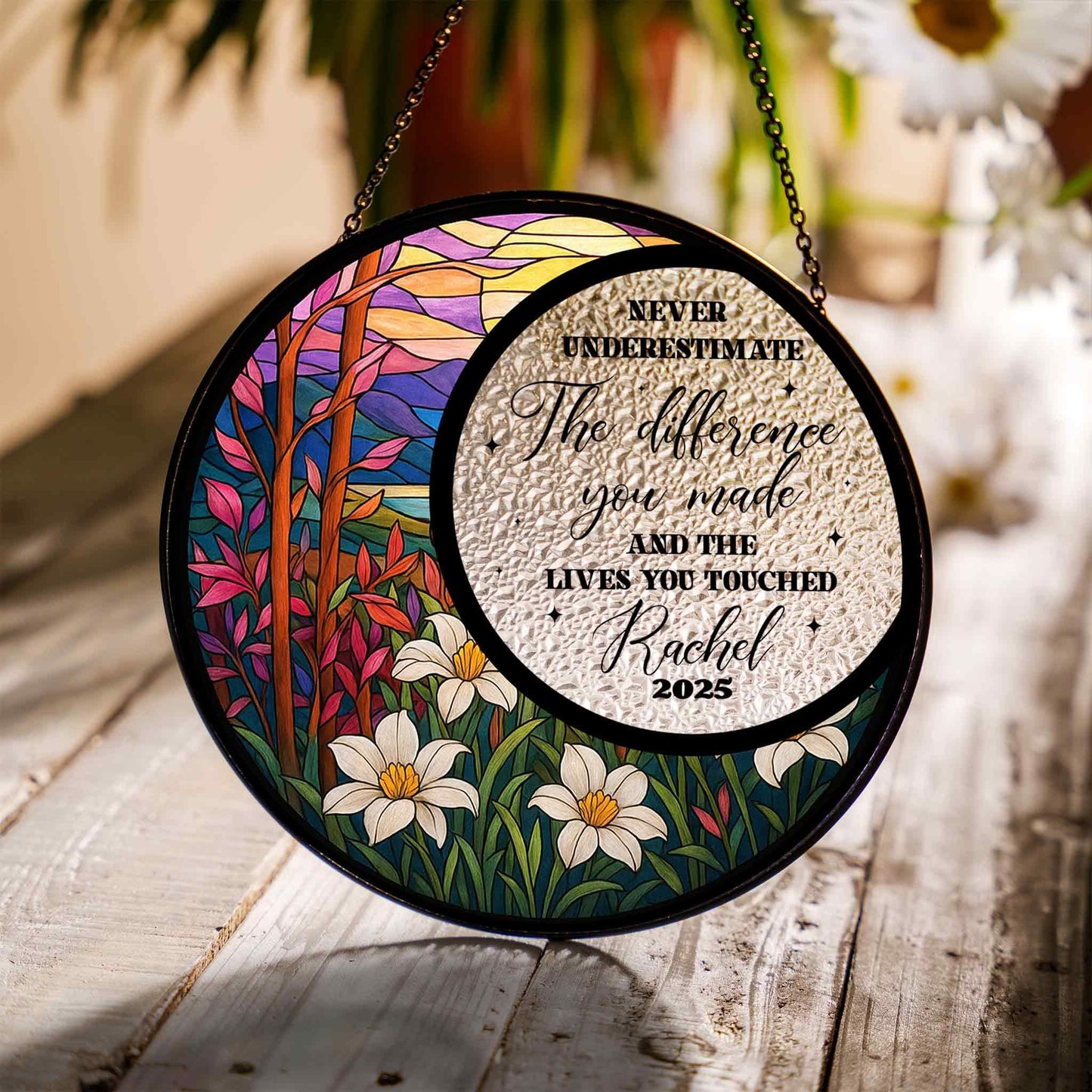 Custom Name Year Inspirational Suncatcher Glass with Floral Nature Design, Personalized Appreciation Gift, Mothers Day Gift - product image 2