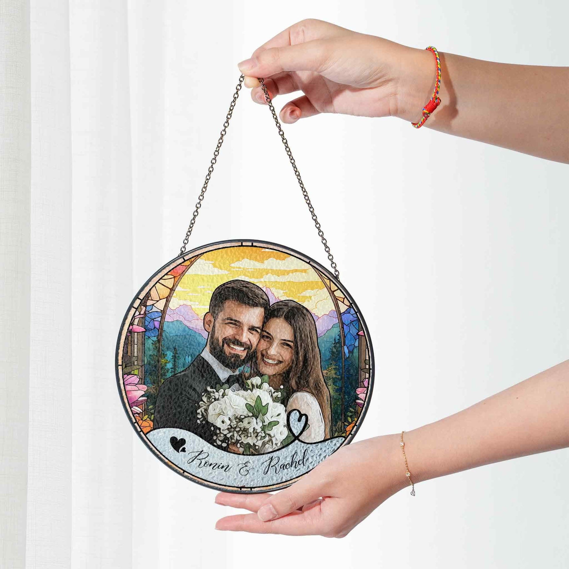 Custom Photo Name Wedding Suncatcher Glass, Personalized Couple Keepsake, Unique Anniversary Gift, Stained Glass Style Window Decor - product image 4