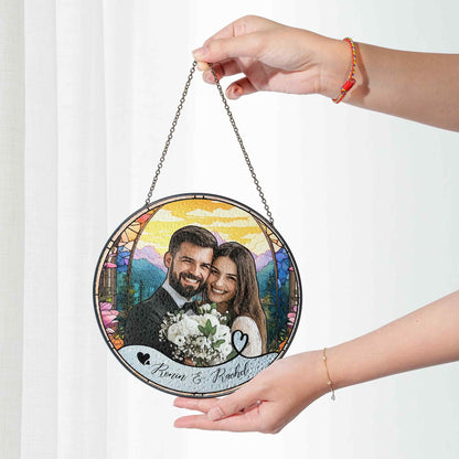 Custom Photo Name Wedding Suncatcher Glass, Personalized Couple Keepsake, Unique Anniversary Gift, Stained Glass Style Window Decor - product image 4