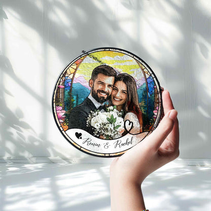 Custom Photo Name Wedding Suncatcher Glass, Personalized Couple Keepsake, Unique Anniversary Gift, Stained Glass Style Window Decor - product image 8