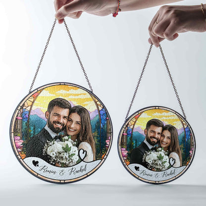 Custom Photo Name Wedding Suncatcher Glass, Personalized Couple Keepsake, Unique Anniversary Gift, Stained Glass Style Window Decor - product image 6