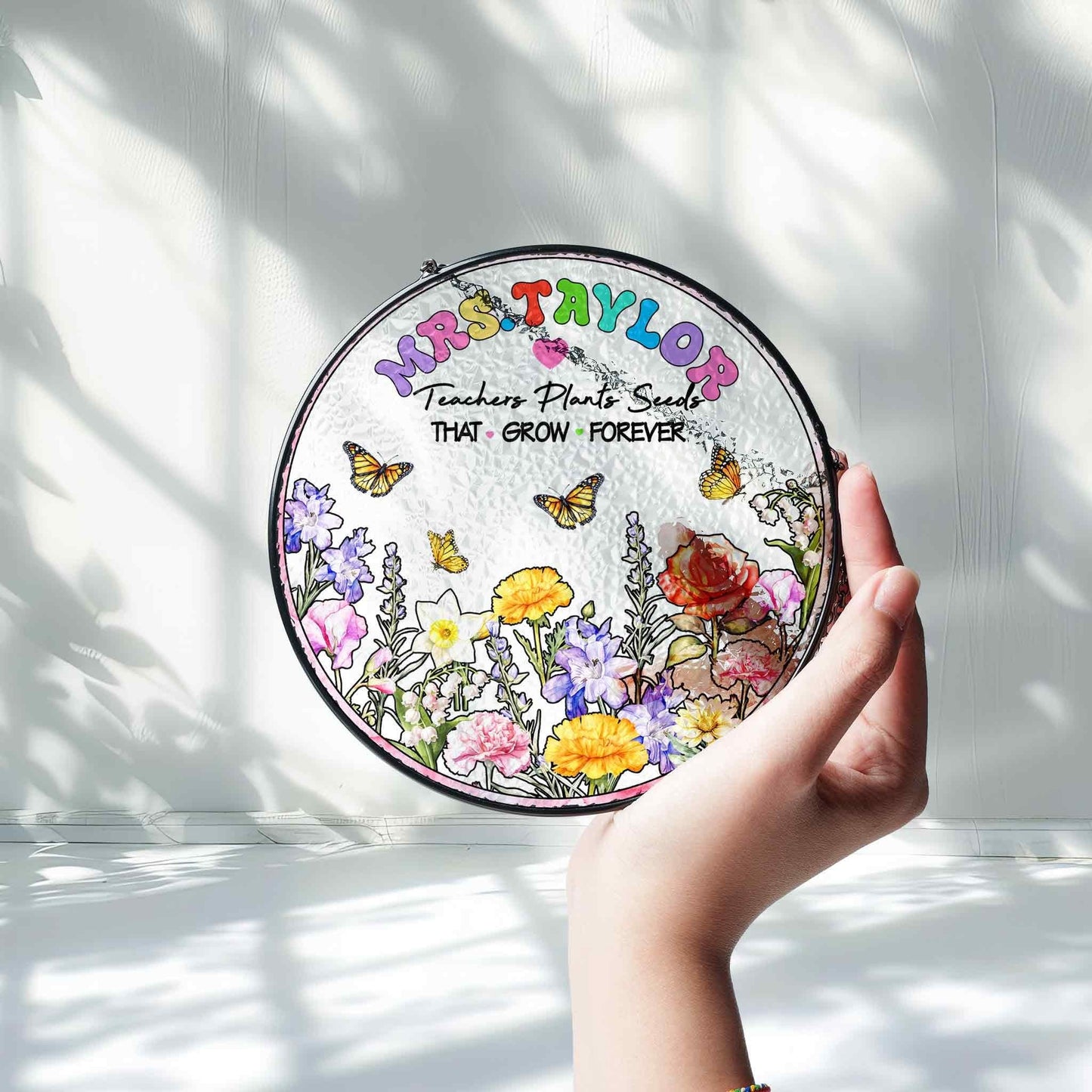 Custom Name Teacher Suncatcher Glass with Floral & Butterfly Design, Personalized Appreciation Gift, Classroom Window Decor - product image 5