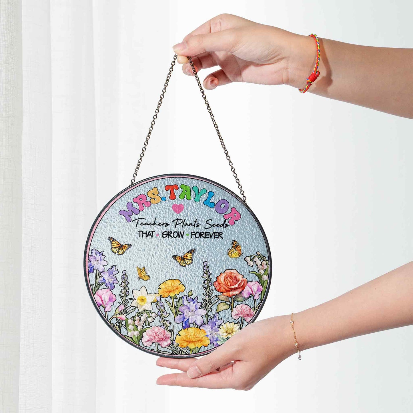Custom Name Teacher Suncatcher Glass with Floral & Butterfly Design, Personalized Appreciation Gift, Classroom Window Decor - product image 7