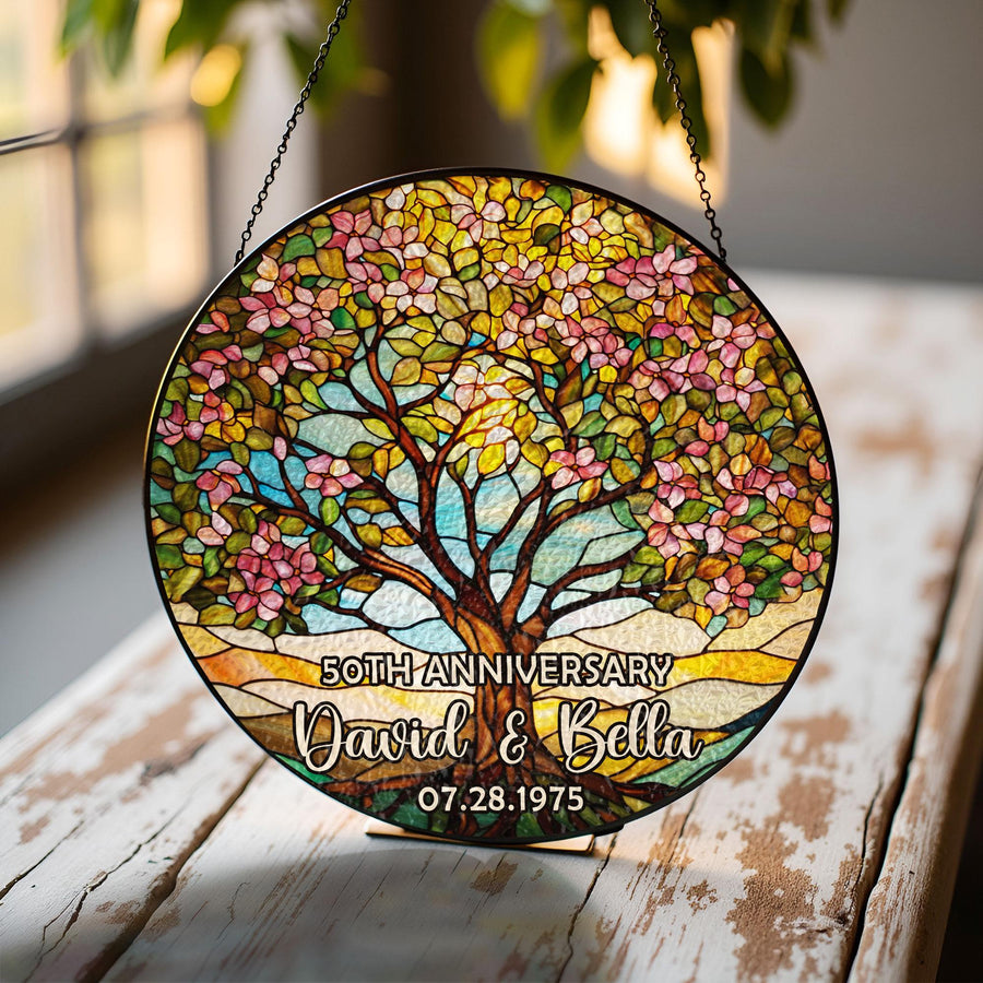 Personalized Tree of Life Anniversary Suncatcher With Name & Date, Custom 50th Wedding Anniversary Stained Glass Gift For Parents - main product image