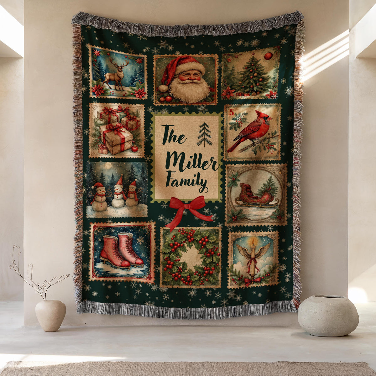 Personalized Christmas Stamp Woven Blanket, Custom Family Name Holiday Throw, Vintage Santa Snowman Winter Decor, Festive Xmas Gift - product image 3
